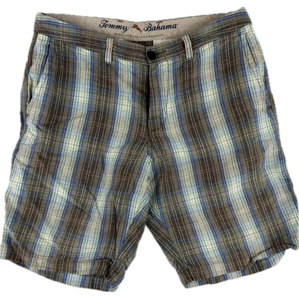 Tommy Bahama Plaid Shorts Mens 32 Blue Green Linen Tencel Blend Flat Front